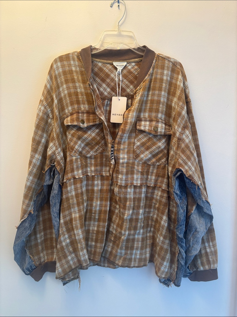 Heyson | NWT denim & Brown Plaid distressed Lightweight Pullover Sz 2X